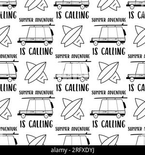 Surfing Seamless Design. Summer Pattern with Surf Car and Surfboard. Perfect for Beach and Vacation-Themed Designs and Products. Stock vector silhouet Stock Vector