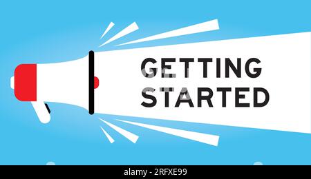 Color megaphone icon with word getting started in white banner on blue background Stock Vector