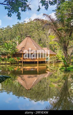Andasibe, Madagascar - May 26.2023: Beautiful jungle lodge in the Andasibe Mantadia National Park, vertical Stock Photo