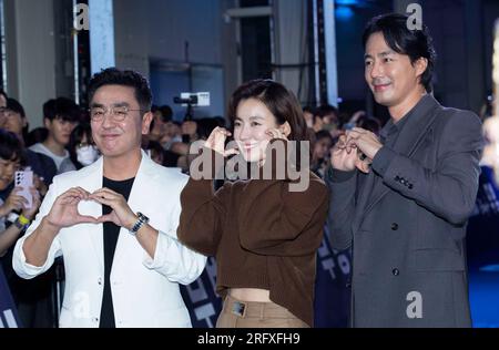 L to R) South Korean actors Bae Doo-na and Ju Ji-hoon, attend a photo call  for the Netflix film 'Kingdom' press conference with South Korean director  Kim Seong-hoon at Intercontinental hotel in