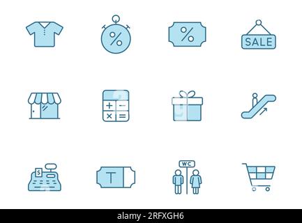 shopping mall line filled icons in two colors Stock Vector