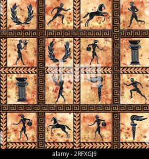 Seamless checkered pattern with ancient Greek Olympic athletes. In the style of ancient Greek painting. Hand drawn watercolor illustration. Black silh Stock Photo