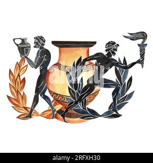 Composition with Ancient Greek Olympic elements and athletes. Amphora, laurel wreath. In the style of ancient Greek art painting. Hand drawn watercolo Stock Photo