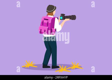 Character flat drawing back view of beautiful woman photographer with backpack holding photo camera. Journalist making nature shooting on mountain. Fe Stock Photo