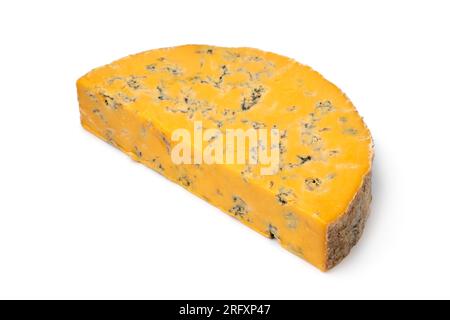 Piece of English Shropshire Blue cheese isolated on white background close up Stock Photo