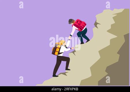Cartoon flat style drawing two people woman success on peak of hills. Team of climbers helping hand on mountain top. Teamwork hiking, trust assistance Stock Photo