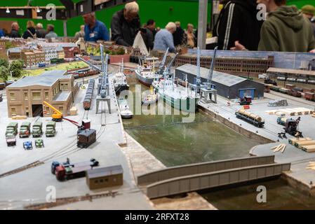 James Street N gauge exhibition model railway layout on display at a model railway show in Essex, UK. Large steam era railway Stock Photo