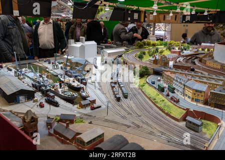 James Street N gauge exhibition model railway layout on display at a model railway show in Essex, UK. Large steam era railway Stock Photo