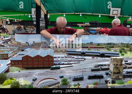 James Street N gauge exhibition model railway layout on display at a model railway show in Essex, UK. Large steam era railway Stock Photo