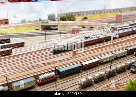 James Street N gauge exhibition model railway layout on display at a model railway show in Essex, UK. Large steam era railway. LMS Fowler Class 4F Stock Photo