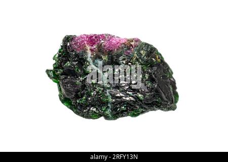 Closeup natural rough ruby in pargasite gemstone on white background Stock Photo