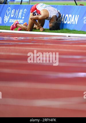 Chengdu, China's Sichuan Province. 5th Aug, 2023. Yasuhara Taiyo of Japan reacts after the athletics men's 5000m final at the 31st FISU Summer World University Games in Chengdu, southwest China's Sichuan Province, Aug. 5, 2023. Credit: Wang Xi/Xinhua/Alamy Live News Stock Photo