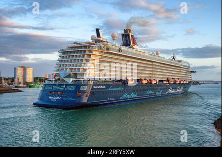 Mein Schiff 3 is a cruise ship operated by TUI Cruises, pictured entering Portsmouth, becoming the largest ever vessel to use the harbour. Stock Photo