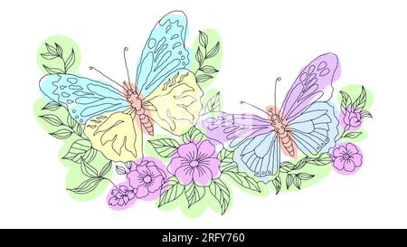 Two butterflies flying in flowers simple line drawing. Vector illustration isolated on white background. Line art. Coloring page. Children s book illustrations Stock Vector