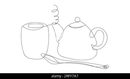 Japanese tea drinking set, teapot, cup, spoon, drawing in one line style on a white background. Vector illustration. Tea shop, tea ceremony. Tea house. Logo, icon. business card, design Stock Vector