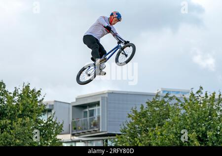 Great Britain’s Kieran Reilly competes in the Mens Elite Qualification in the BMX Freestyle during day four of the 2023 UCI Cycling World Championships at Glasgow Green, Glasgow. Picture date: Sunday August 6, 2023. Stock Photo