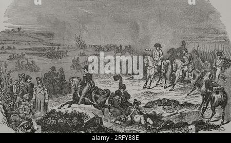 Battle of Lützen (2 May 1813). War of the Sixth Coalition of the Napoleonic Wars. Confrontation between the French army and a coaligated Russian and Prussian army, in which the French won. Illustration by A. Sandoz. Engraving by Orrin Smith. 'Los Héroes y las Grandezas de la Tierra'. Volume V. 1855. Stock Photo