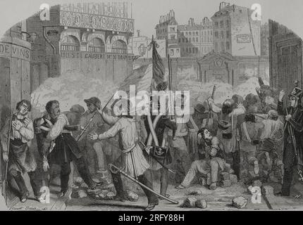 Liberal Revolutions. France. Revolution of 1830, also called the July Revolution or July Days. They were revolutionary days against King Charles X (1757-1836) because of his anti-liberal measures. On 27, 28 and 29 July 1830, the Parisians uprised and succeeded in overthrowing the king. Riots on the streets. Engraving by Vivant Beaucé. 'Los Héroes y las Grandezas de la Tierra'.  Volume V. 1855. Stock Photo