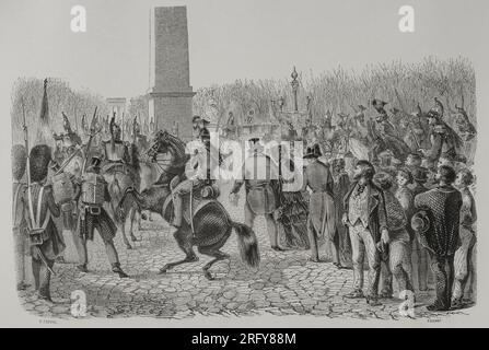 French Revolution of 1848. The Parisians took up arms on 23 and 24 February 1848, leading to the abdication of King Louis-Philippe I (1773-1850). The crowd storming the Tuileries on 24 February 1848, the king's refusal to grant universal suffrage. Louis-Philippe I and his family fleeing Paris. Engraving by E. Coppin and Trichon. 'Los Héroes y las Grandezas de la Tierra'. Volume V, 1855. Stock Photo