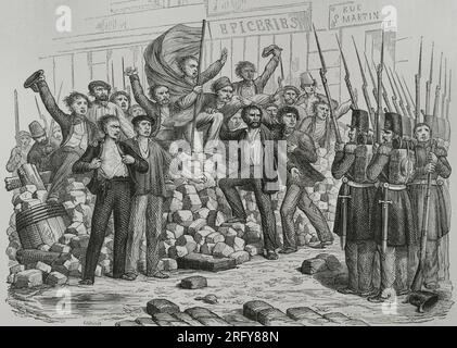 Liberal Revolutions. France. Revolution of 1830, also called the July Revolution or July Days. They were revolutionary days against King Charles X (1757-1836) because of his anti-liberal measures. On 27, 28 and 29 July 1830, the Parisians uprised and succeeded in overthrowing the king. Barricades in the streets of Paris. Engraving by Cabasson. 'Los Héroes y las Grandezas de la Tierra'.  Volume V. 1855. Stock Photo
