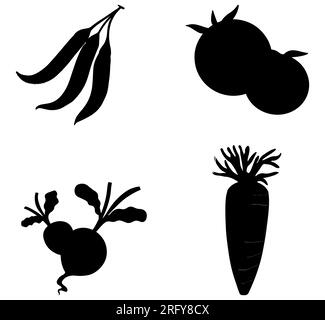 Black silhouettes of vegetables, carrots, beetroot, tomatoes, and peas, healthy veggies vector isolated on white background Stock Vector