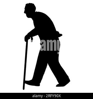 Black silhouette of an old man with cane, vector isolated on white background Stock Vector