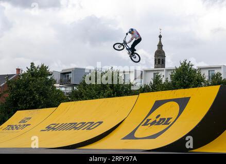 Great Britain's Kieran Reilly competes in the Mens Elite Qualification in the BMX Freestyle during day four of the 2023 UCI Cycling World Championships at Glasgow Green, Glasgow. Picture date: Sunday August 6, 2023. Stock Photo