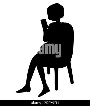 Black silhouette of a woman doing a video call on her mobile while sitting on a chair, vector isolated on white background Stock Vector