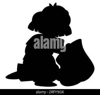 Black silhouette of a cartoon woman doing waste disposal in a recycling garbage bag, a female littering vector isolated on white background Stock Vector