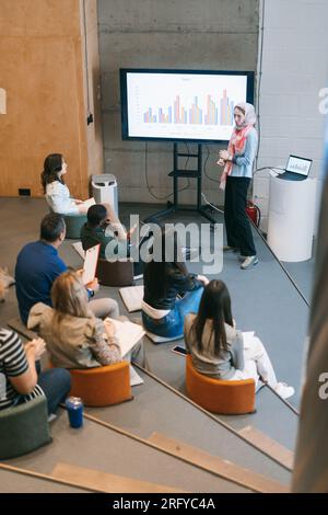 Young, lovely female employee wearing hijab presenting financial and sales statistics to her different aged colleagues Stock Photo