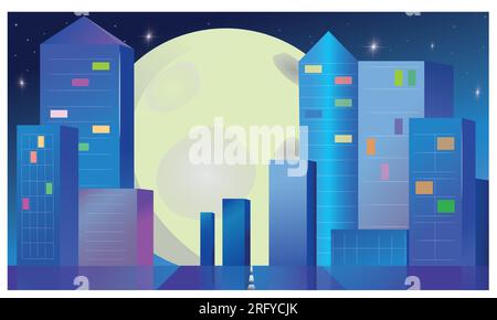 Night city in neon lights against the backdrop of a large moon. Vector illustration Stock Vector