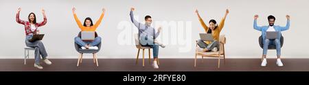 Diverse young people with laptops clenching fists in joy sitting in armchairs and using computers, panorama, collage Stock Photo