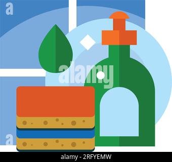 Dishwashing liquid with plate and sponge Stock Vector