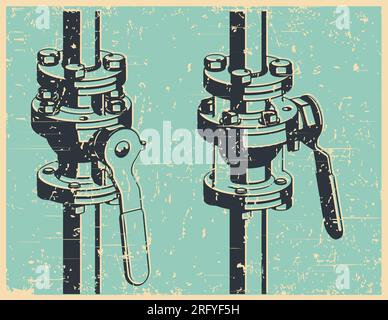 Stylized vector illustration of ball valve in retro poster style Stock Vector