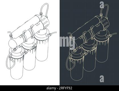 Stylized vector illustrations of isometric blueprints of reverse osmosis system Stock Vector