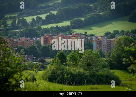 Color block of flats in summer sunny morning in Koprivnice town in Moravia Stock Photo