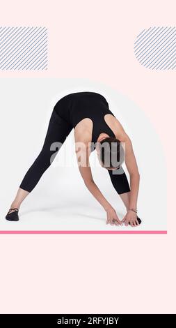 Specialized trauma releasing exercises for elderly people, 55 years old woman trainer posing for exercises. Hamstring pose, in the studio isolated on Stock Photo