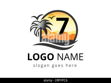 Beach Logo On Letter 7 Vector Sign. Sunset Summer Travel Logo Beach, Sea, Sunset Logo Design Vector Template. Stock Vector