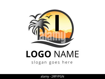 Beach Logo On Letter I Vector Sign. Sunset Summer Travel Logo Beach, Sea, Sunset Logo Design Vector Template. Stock Vector