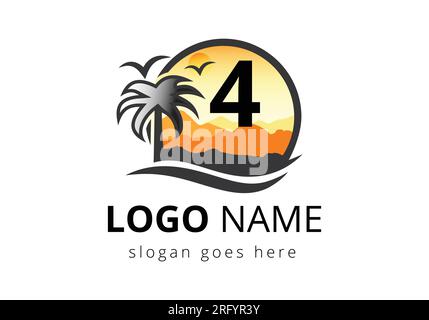 Beach Logo On Letter 4 Vector Sign. Sunset Summer Travel Logo Beach, Sea, Sunset Logo Design Vector Template. Stock Vector