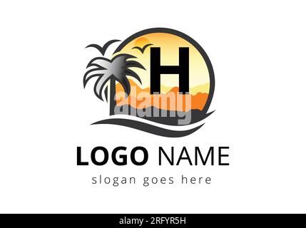 Beach Logo On Letter H Vector Sign. Sunset Summer Travel Logo Beach, Sea, Sunset Logo Design Vector Template. Stock Vector