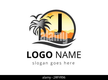 Beach Logo On Letter J Vector Sign. Sunset Summer Travel Logo Beach, Sea, Sunset Logo Design Vector Template. Stock Vector