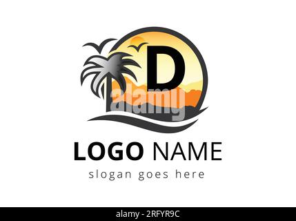 Beach Logo On Letter D Vector Sign. Sunset Summer Travel Logo Beach, Sea, Sunset Logo Design Vector Template. Stock Vector