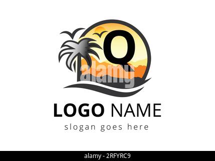 Beach Logo On Letter Q Vector Sign. Sunset Summer Travel Logo Beach, Sea, Sunset Logo Design Vector Template. Stock Vector