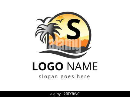 Beach Logo On Letter S Vector Sign. Sunset Summer Travel Logo Beach, Sea, Sunset Logo Design Vector Template. Stock Vector