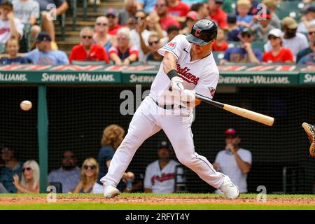 CLEVELAND, OH - AUGUST 09: Cleveland Guardians first baseman Kole Calhoun  (56) reacts after being caught stealing during the fourth inning of the  Major League Baseball game between the Toronto Blue Jays