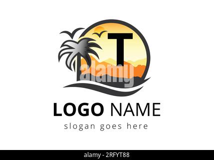Beach Logo On Letter T Vector Sign. Sunset Summer Travel Logo Beach, Sea, Sunset Logo Design Vector Template. Stock Vector