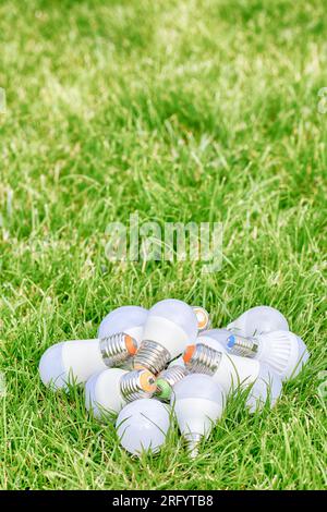 LED lamp bulb on green grass. Energy saving. Green energy. Stock Photo