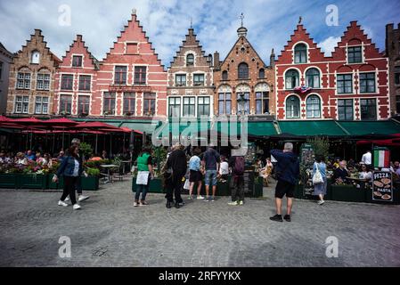 view of the square of the The beffroi belfry of Bruges is a medieval building located in the historic center and is a UNESCO World Heritage Site, in B Stock Photo