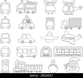 Vector black and white transportation set with front and side view. Funny line water, land, air underground transport for kids. Cars and vehicles clip Stock Vector